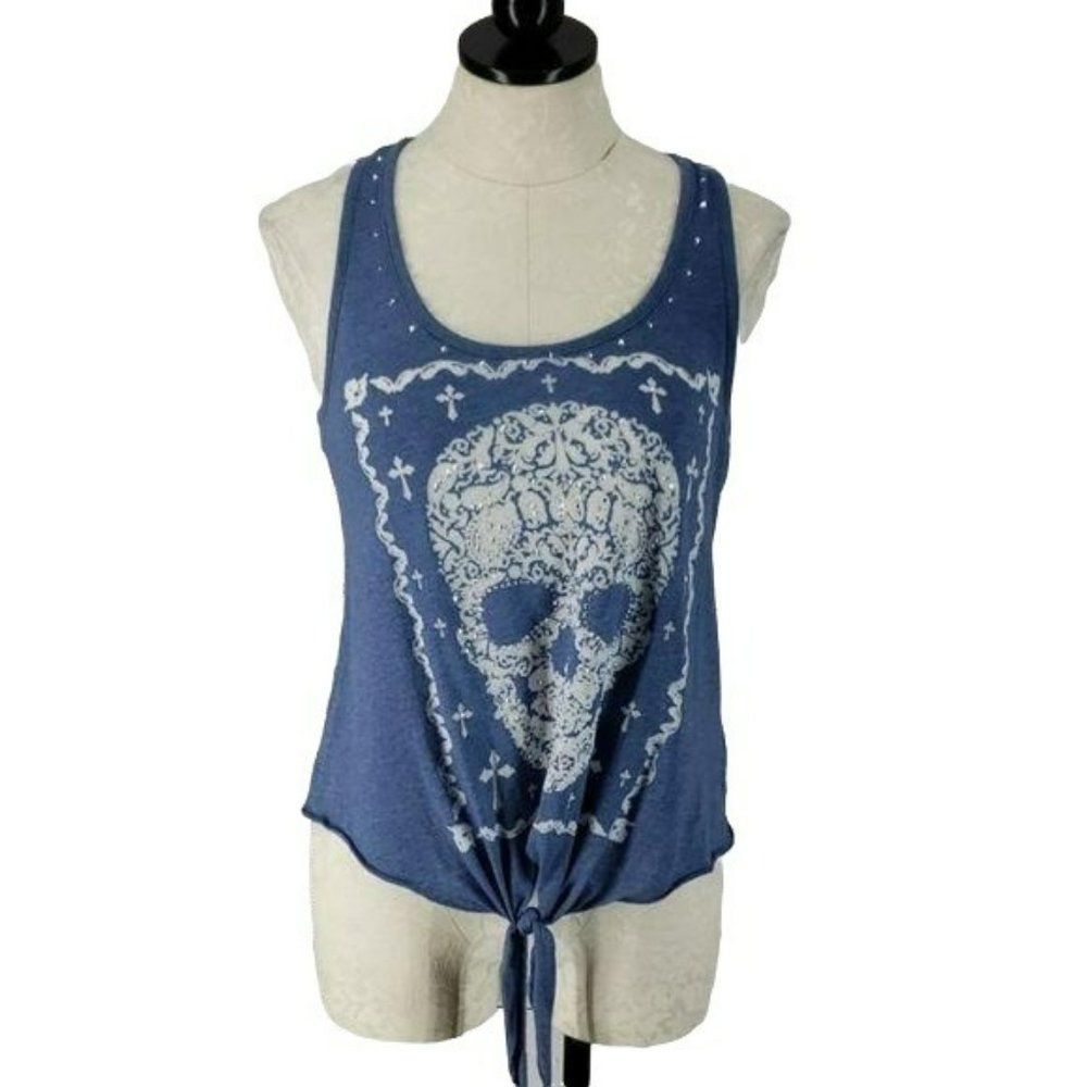 Belle du Jour Juniors Women's Blue‎ Tie Front Skull Tank Top Size Small